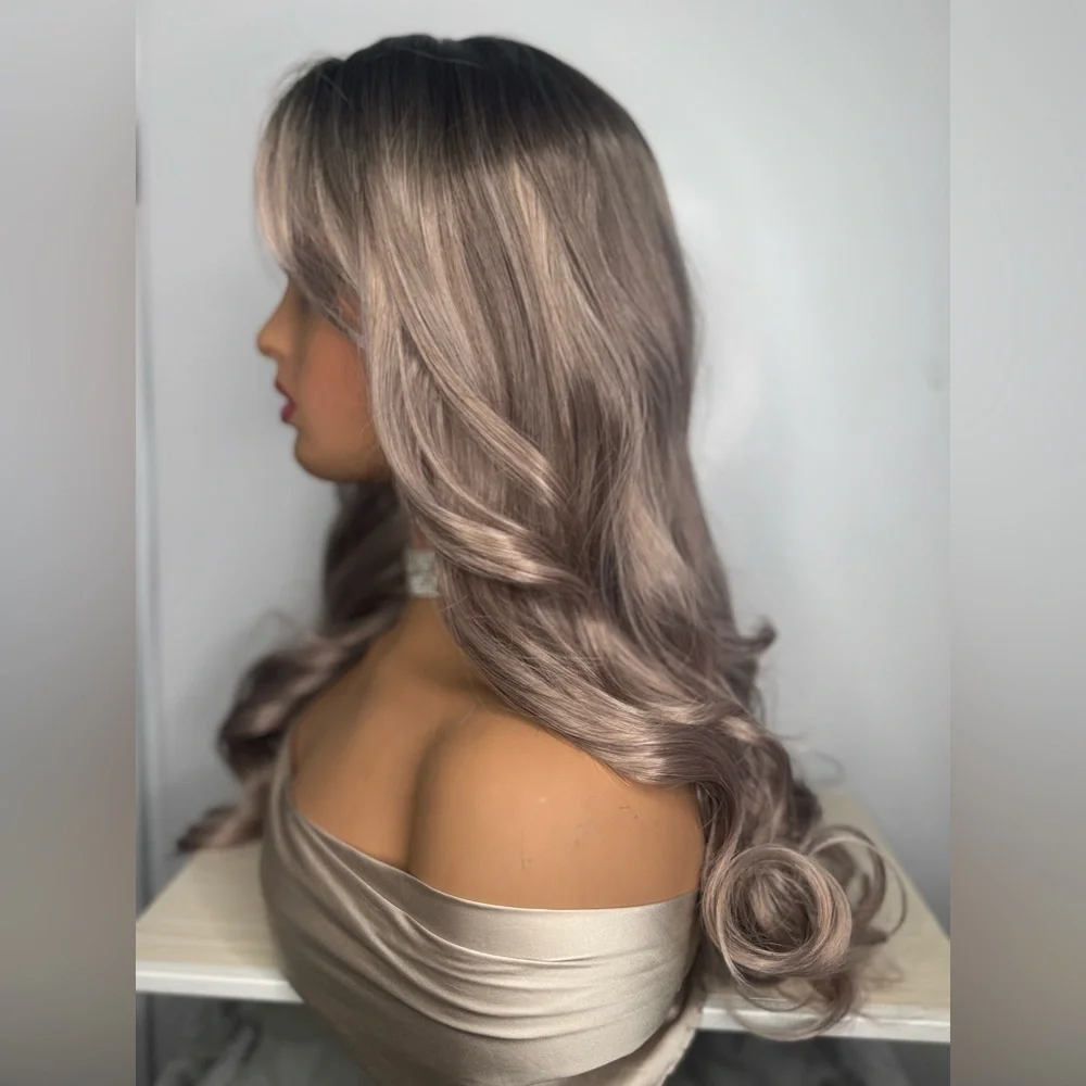 26” Long Wavy Synthetic Wig with Bangs – Ash Brown / Smoky Blonde Blend